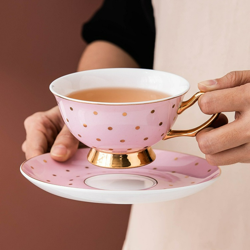 Kitchen Baking Utensil Set - Ceramic Pink Coffee Mugs with Dish